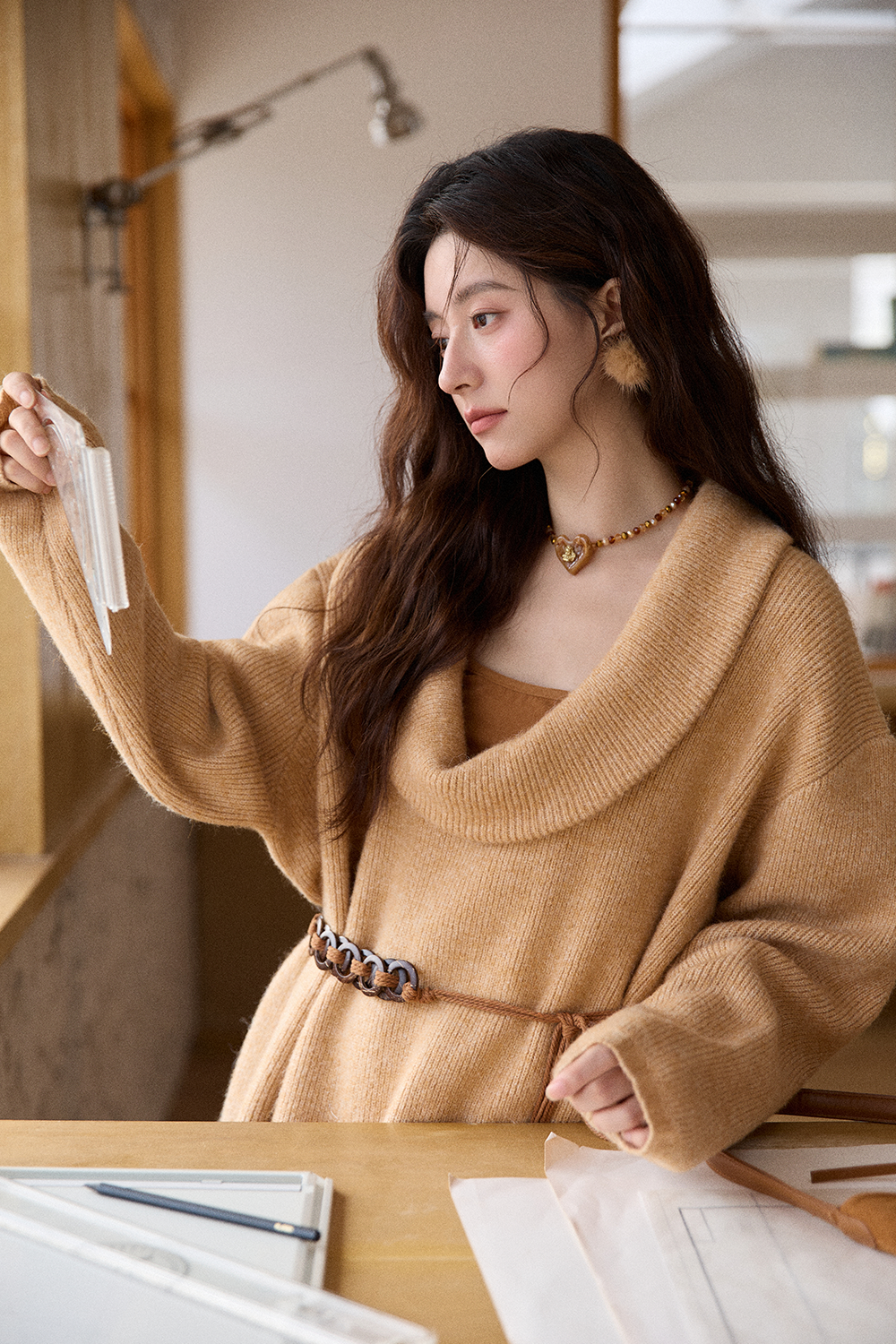 여성용 니트 셔츠+캐미솔+벨트