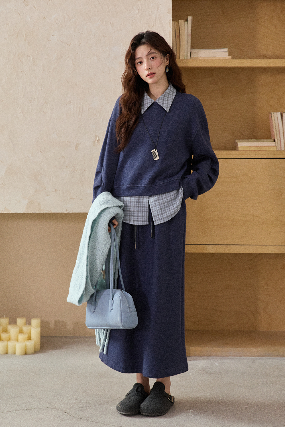 스웨트셔츠+셔츠+스커트 세트