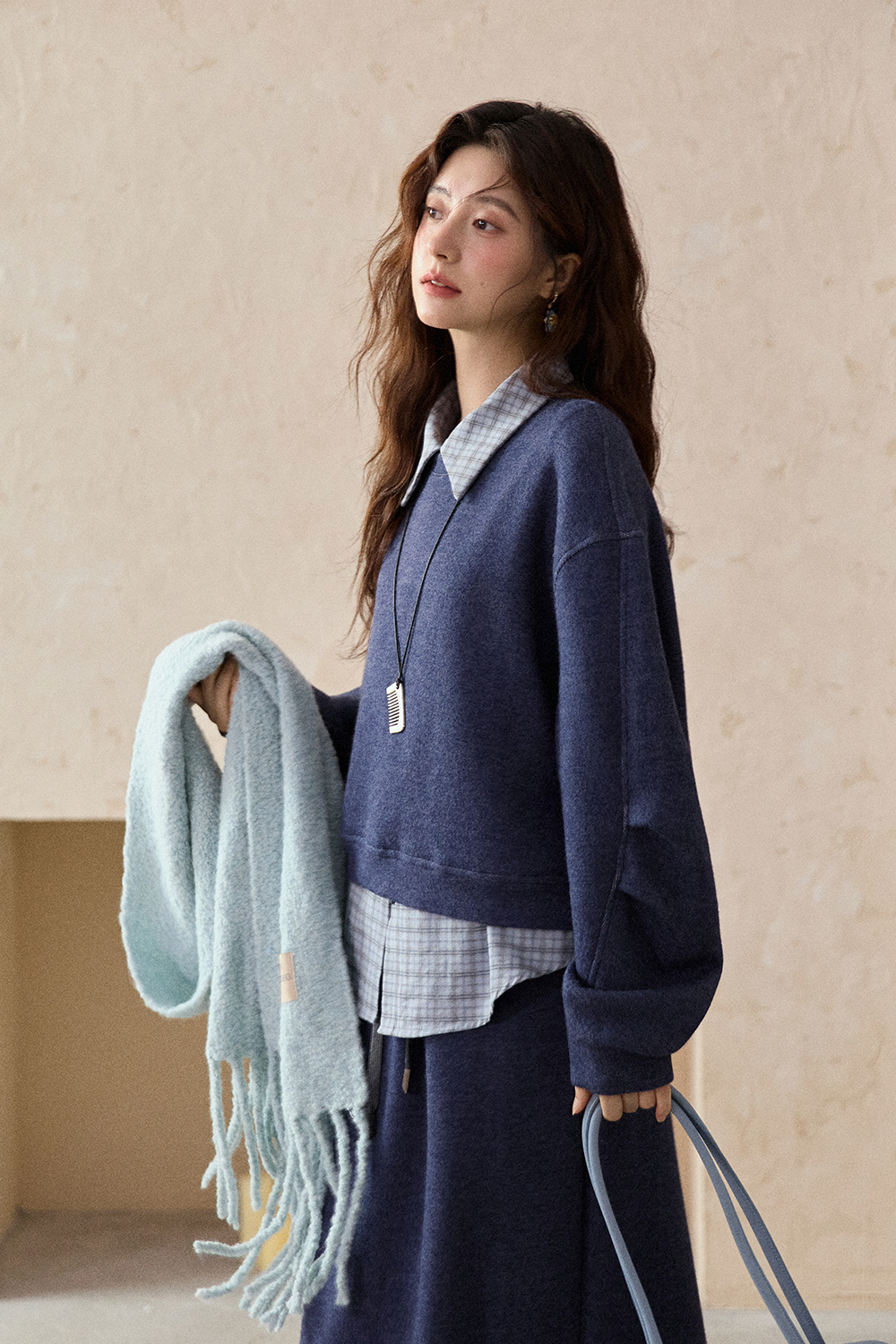 스웨트셔츠+셔츠+스커트 세트