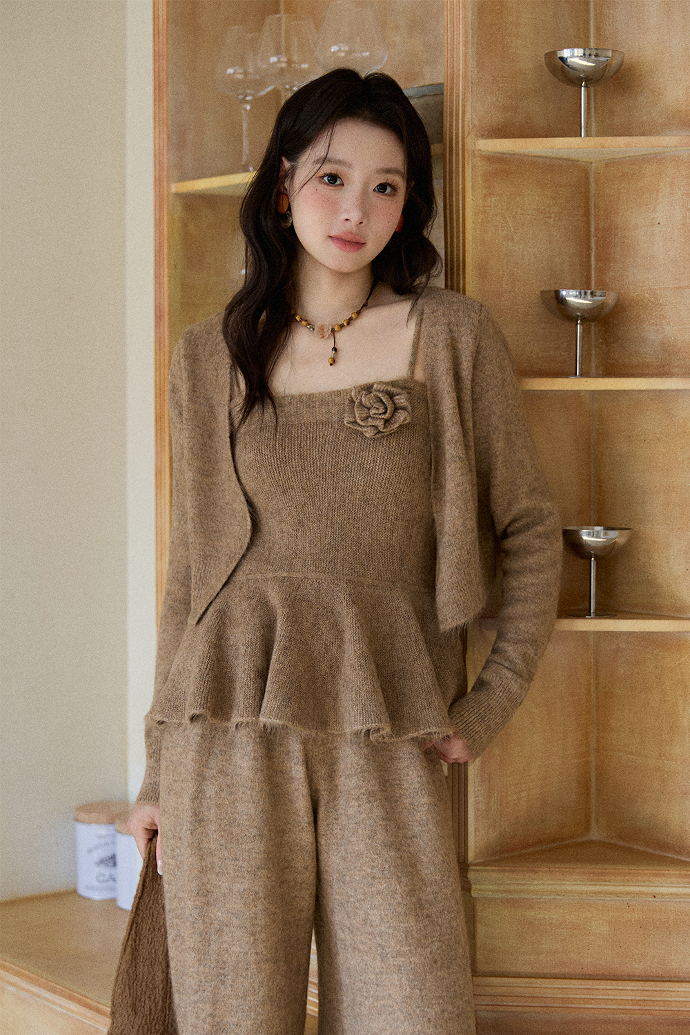 스파게티 스트랩 탑 + 코트 + 팬츠 세트