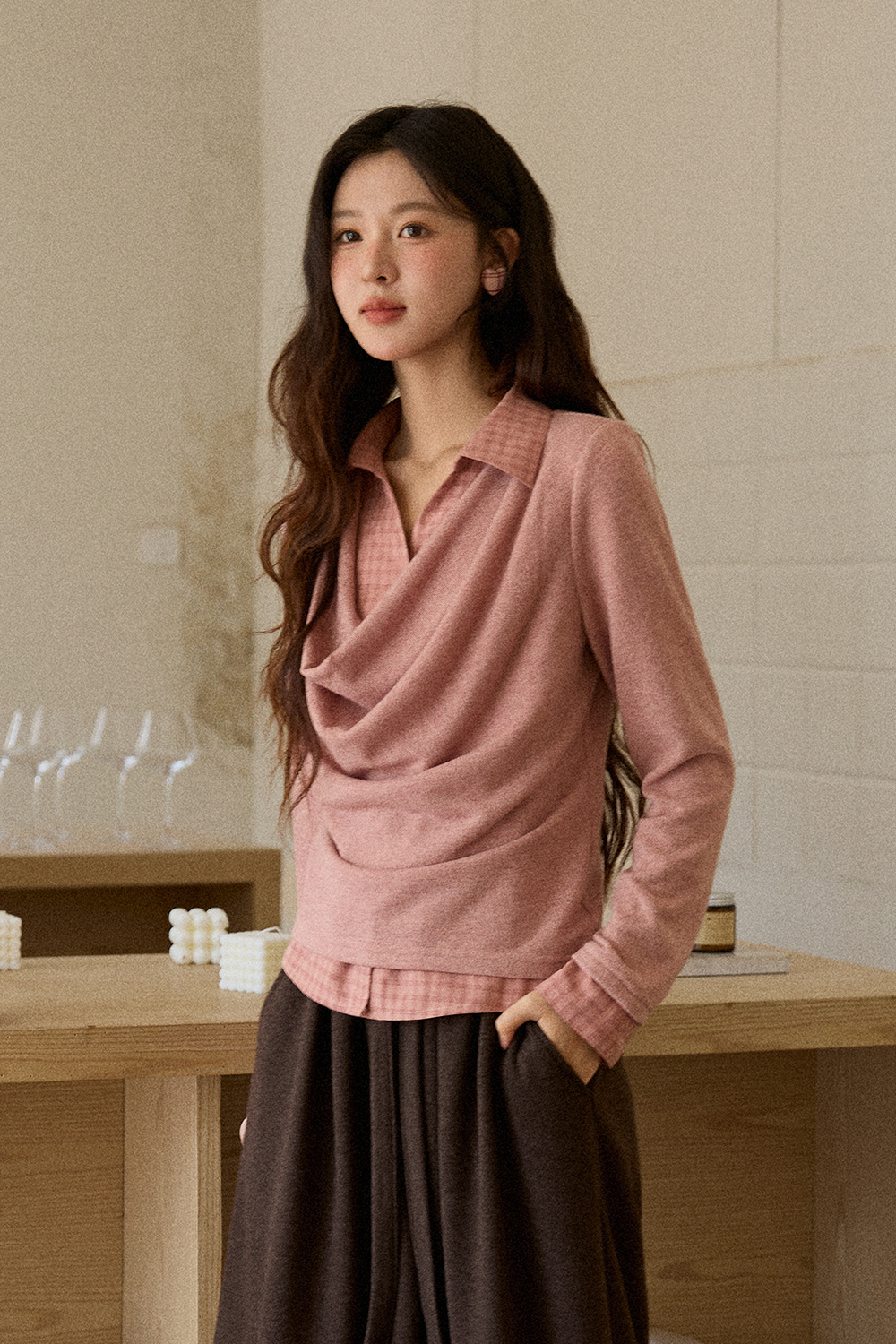 Kemeja Rajutan Dua Potong Palsu untuk Wanita