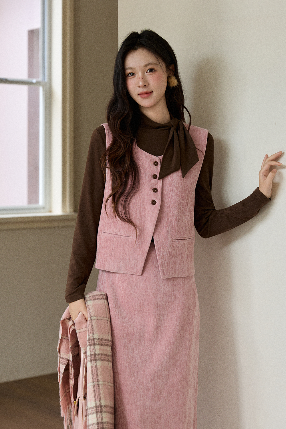 조끼+니트 셔츠+스커트 세트