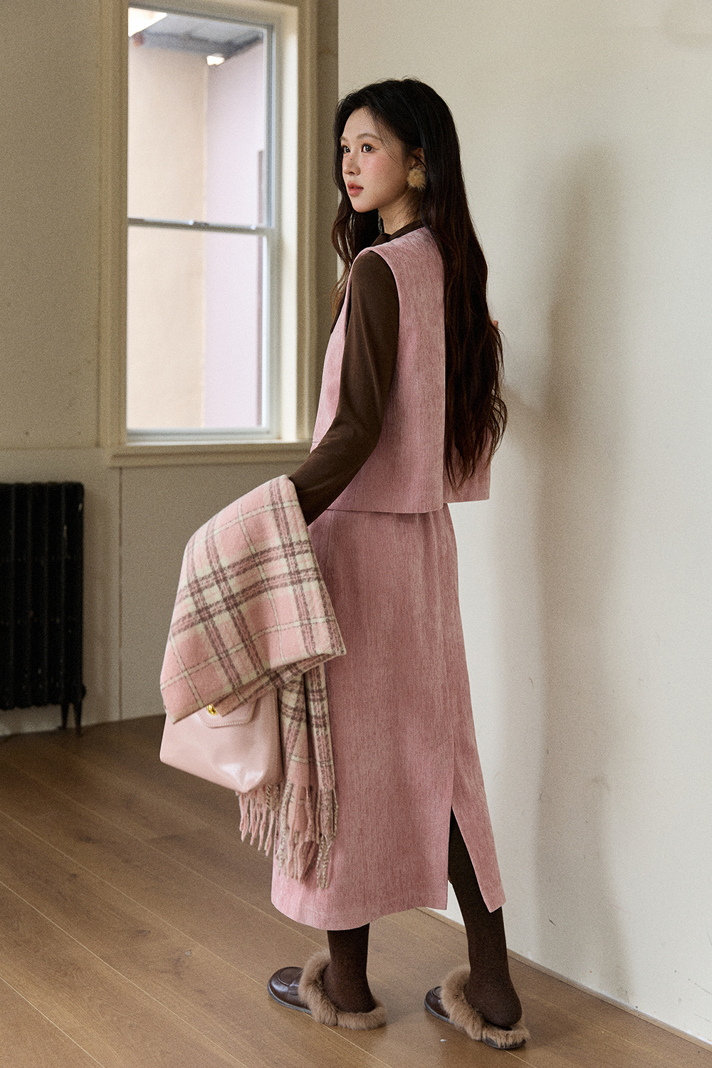 조끼+니트 셔츠+스커트 세트