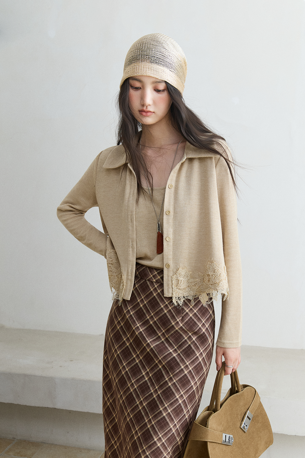 Áo sơ mi dệt kim + áo hai dây cho nữ