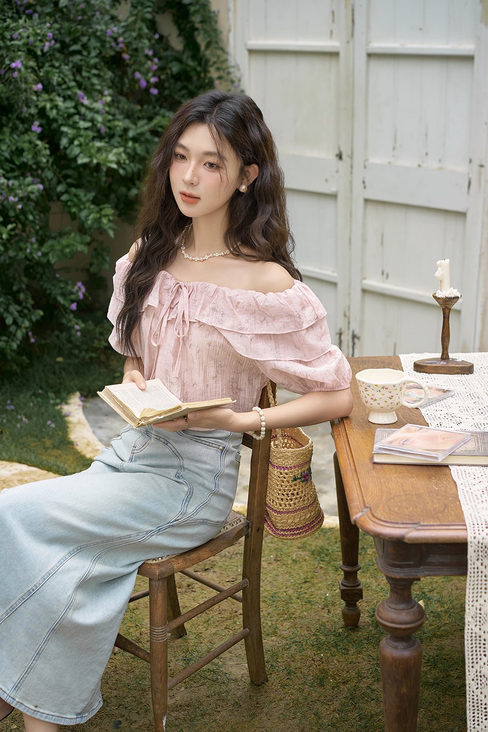 Off the Shoulder Pink Chiffon Blouse for Women