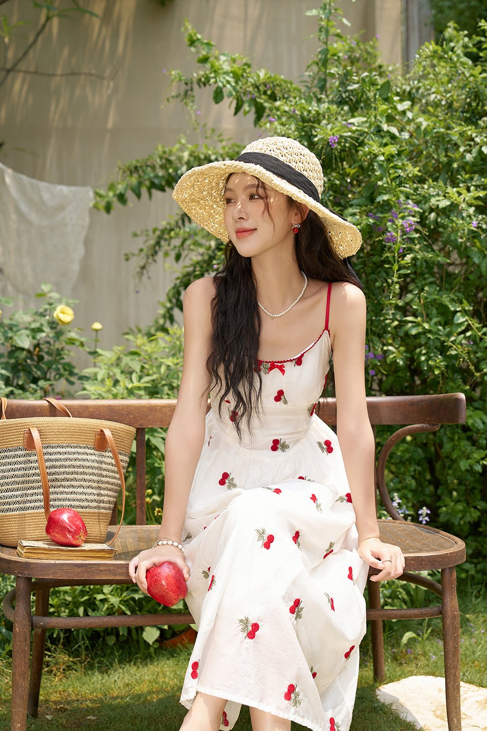 Cherry Embroidery Maxi Spaghetti Strap Dress for Women