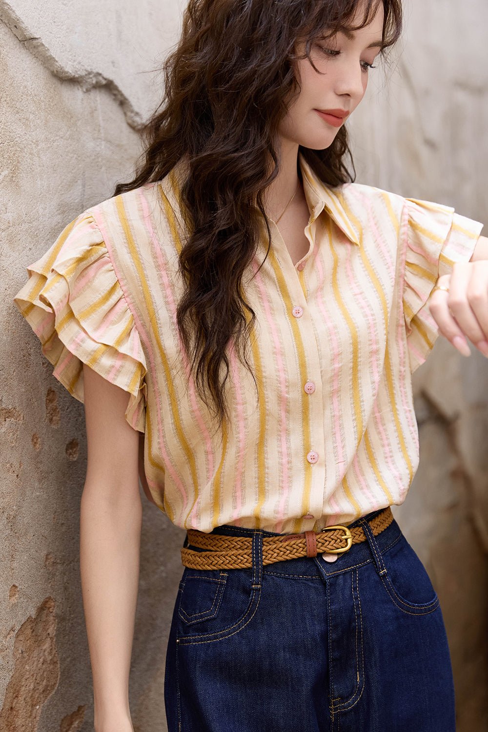 Casual Pink Stripe Blouses for Women