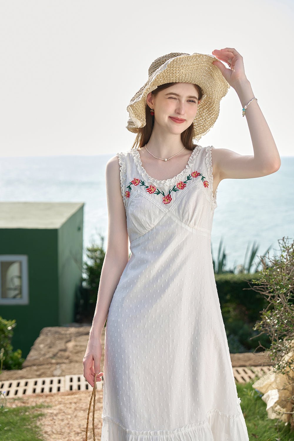 Sleeveless Embroidery Design Midi Dress for Women