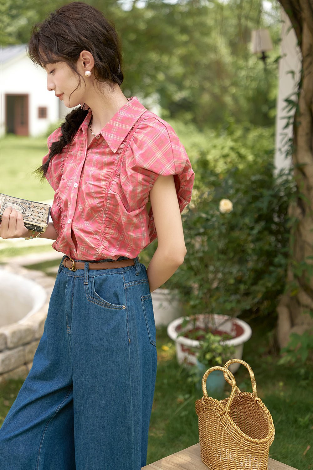 Plaid Puff Sleeve Blouse for Women