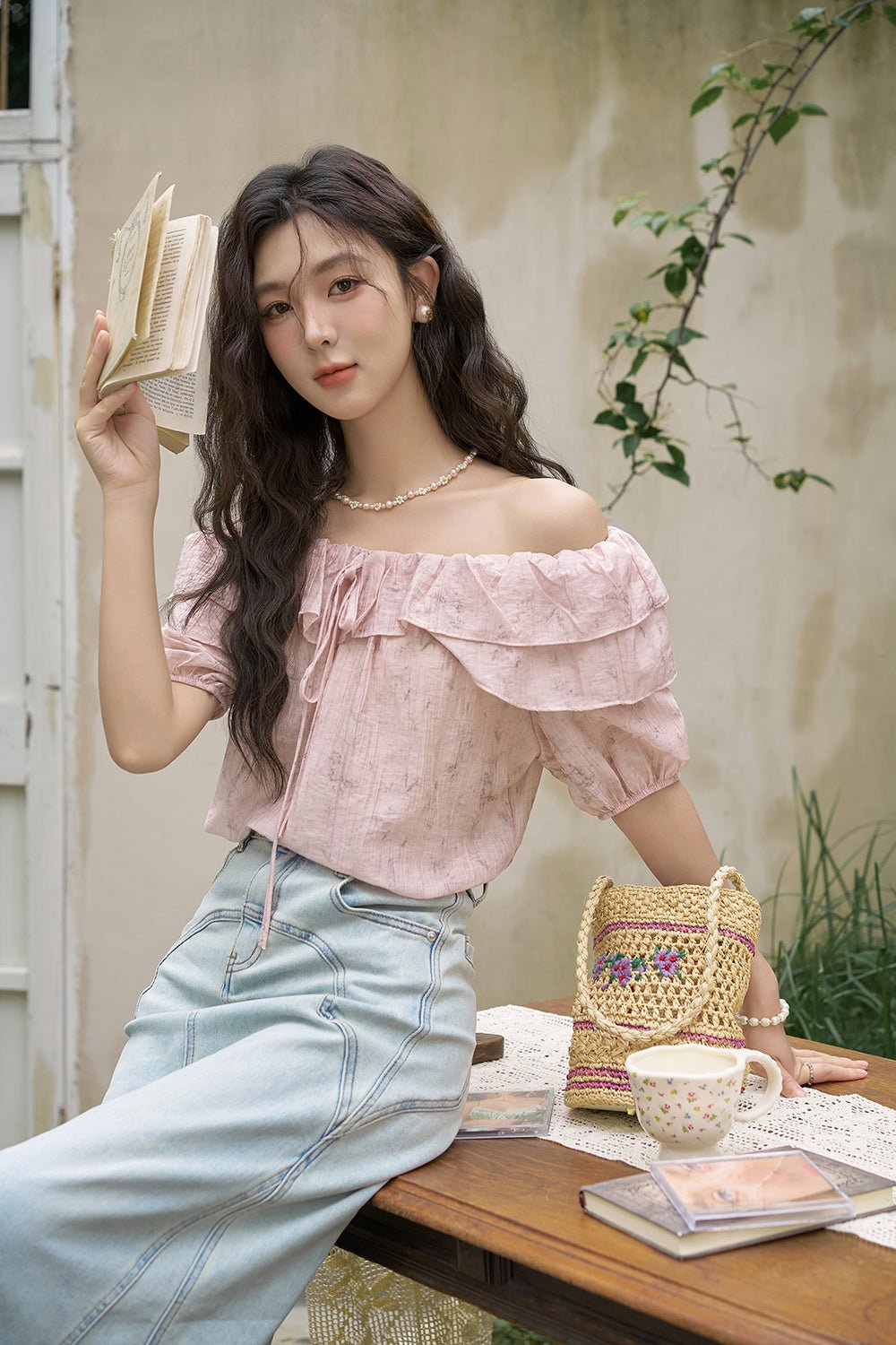 Off the Shoulder Pink Chiffon Blouse for Women