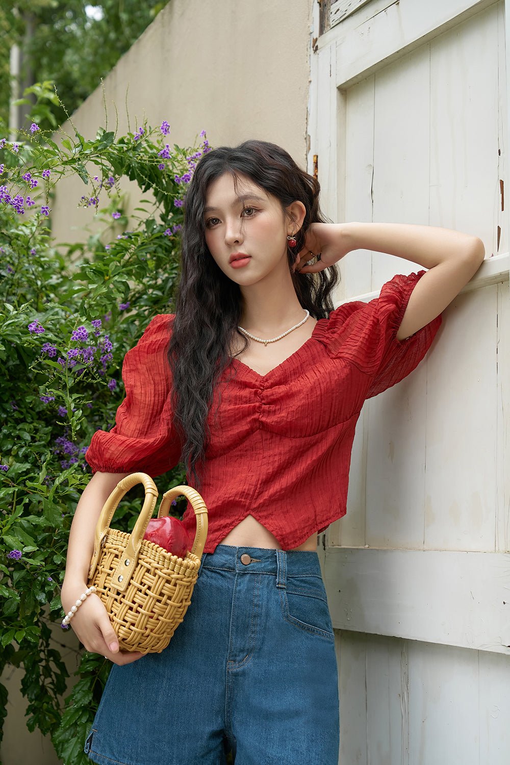 Puff Sleeve Red Blouse for Women