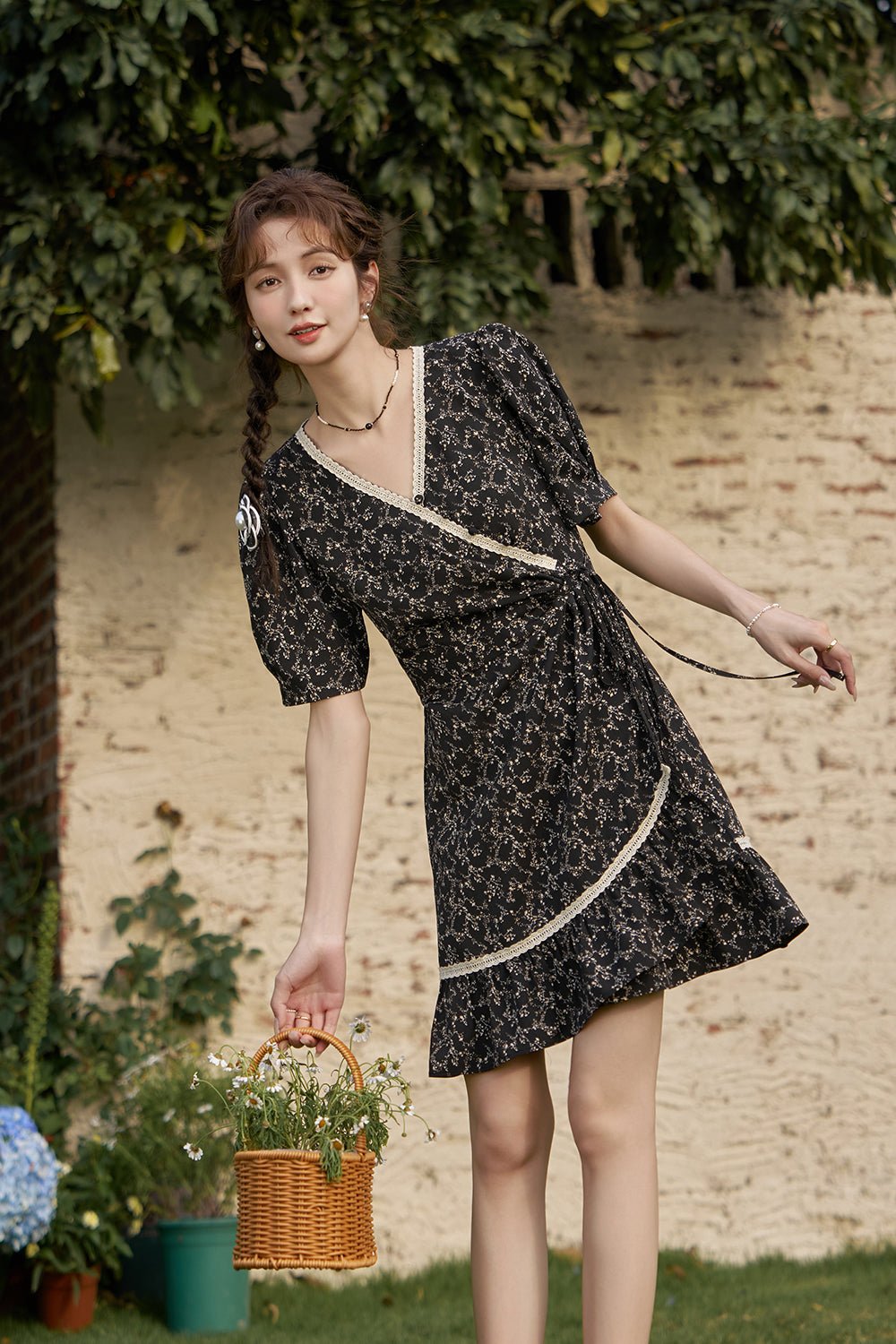 Black Floral Mini Dress for Women - Mishow