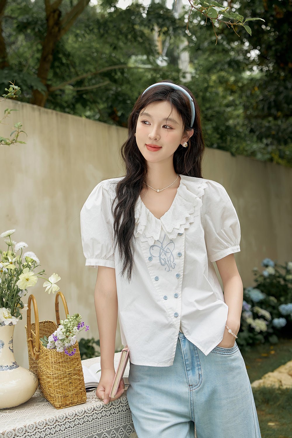 Ruffled Collar White Blouse for Women